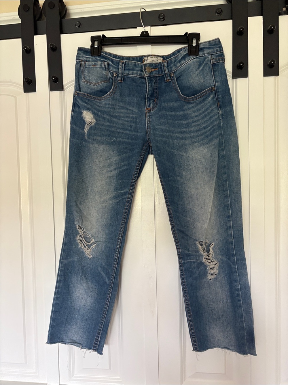 Free People Washed Blue Distressed Cropped Jeans